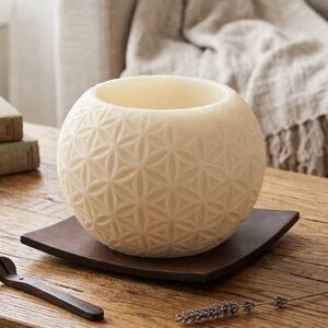 Embossed Wax Candle Bowl Flower of Life Pattern & Wooden Plate Boho Inspired Zen
